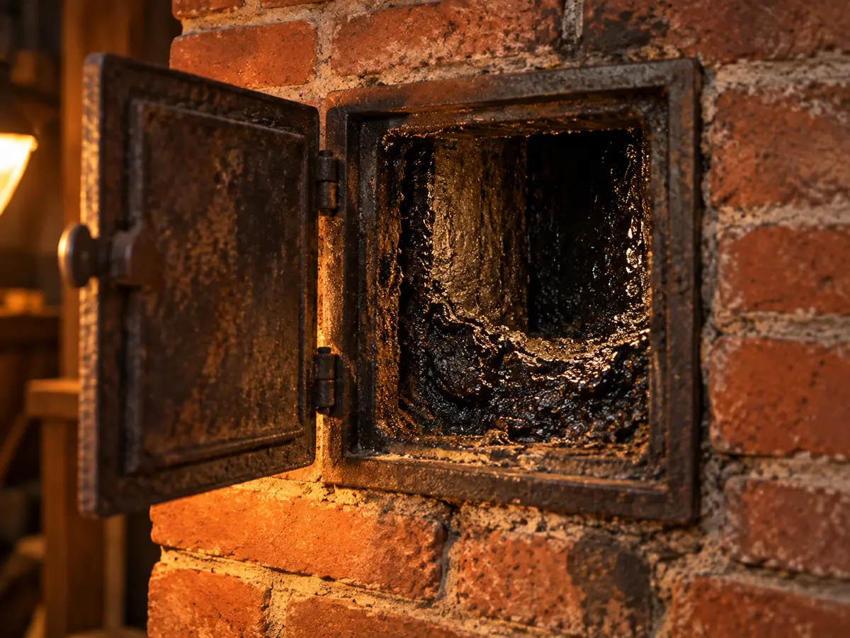 Dechtový nános v otvorených dvierkach komína