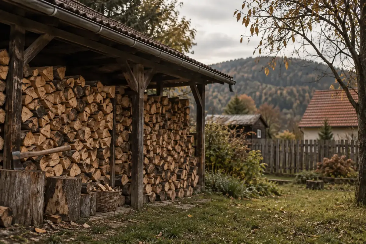 Naukladané drevo pod prístreškom pri dome