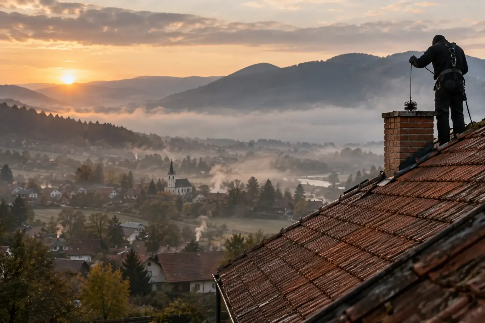Kominár na streche pri východe slnka nad dedinou