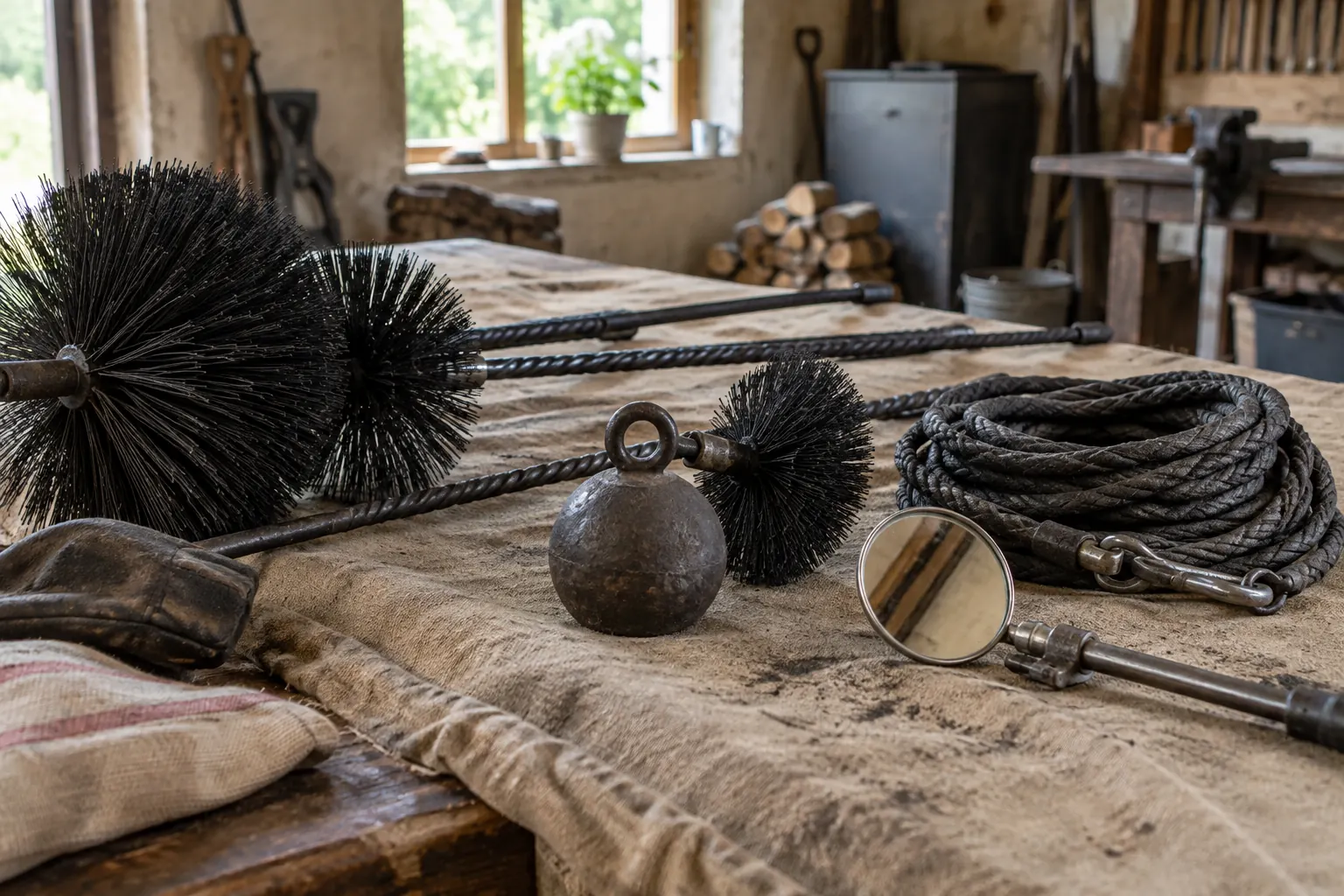 Kominárske kefy, závažie na lane a zrkadielko na plátne v dielni
