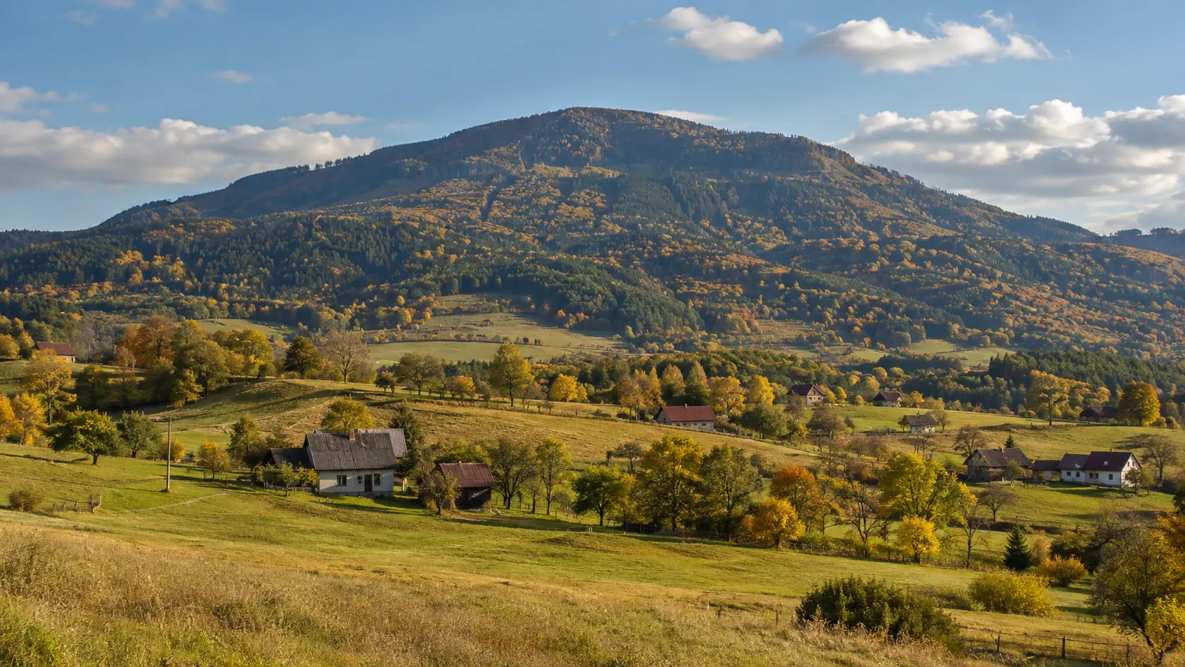 Jesenné kopce s roztrúsenými domami pod zalesneným vrchom