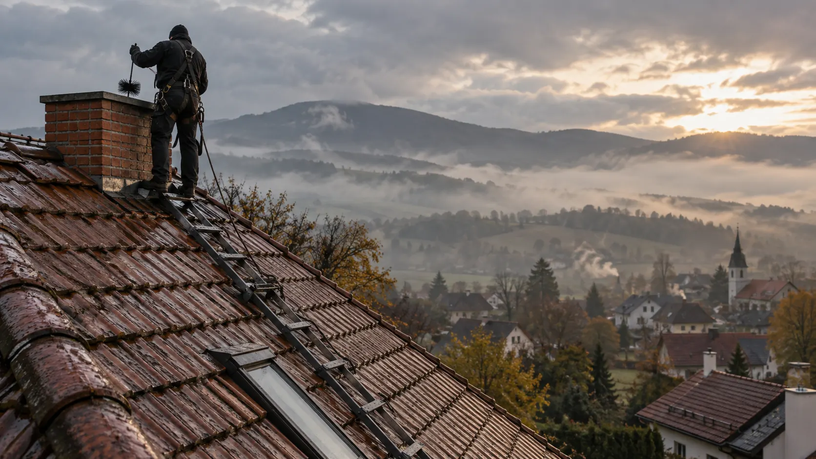 Kominár na streche nad mestečkom v hmlistom údolí pri východe slnka