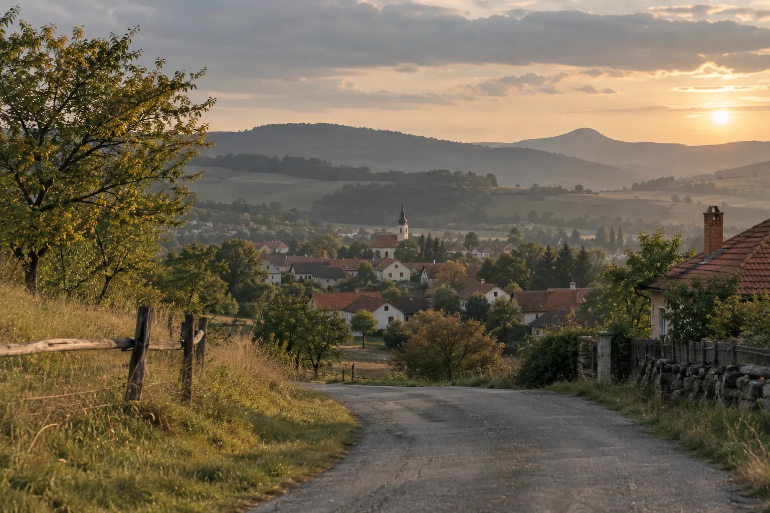Cesta do dediny s kostolom v údolí pri západe slnka, vpravo dom s komínom