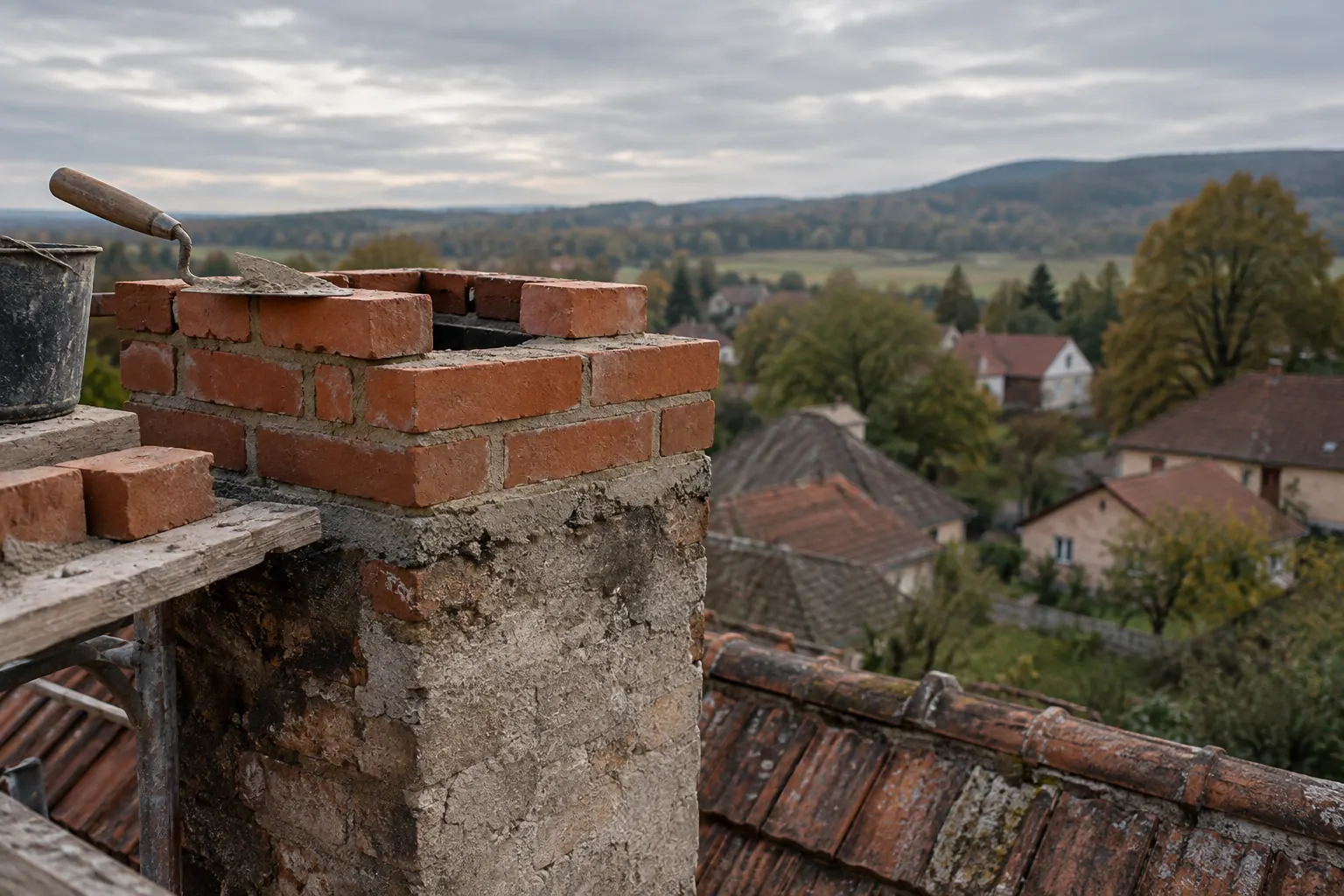 Murovaná tehlová hlava komína s murárskou lyžicou nad strechami dediny
