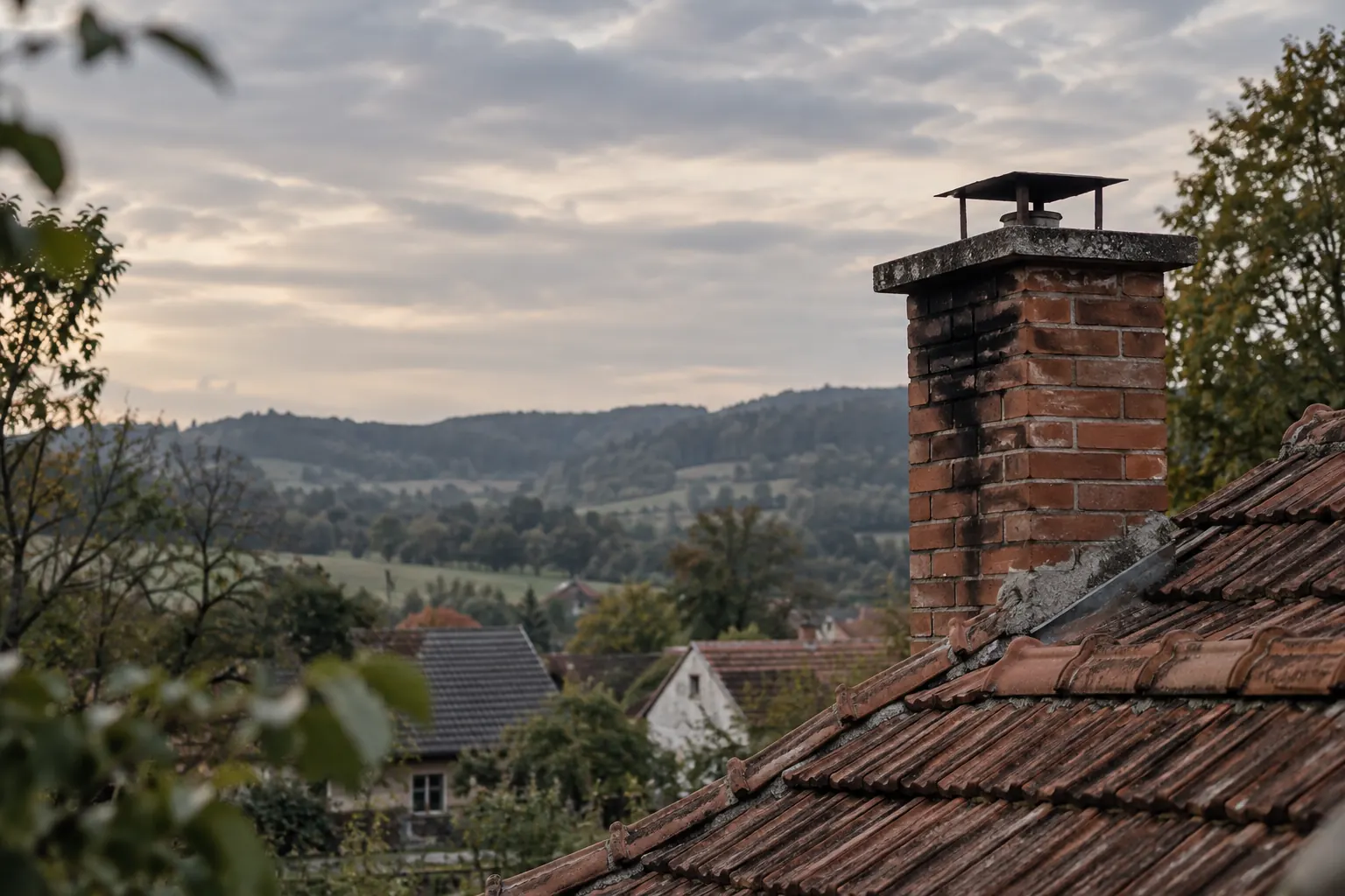 Tehlový komín s plechovou strieškou na streche nad mestečkom