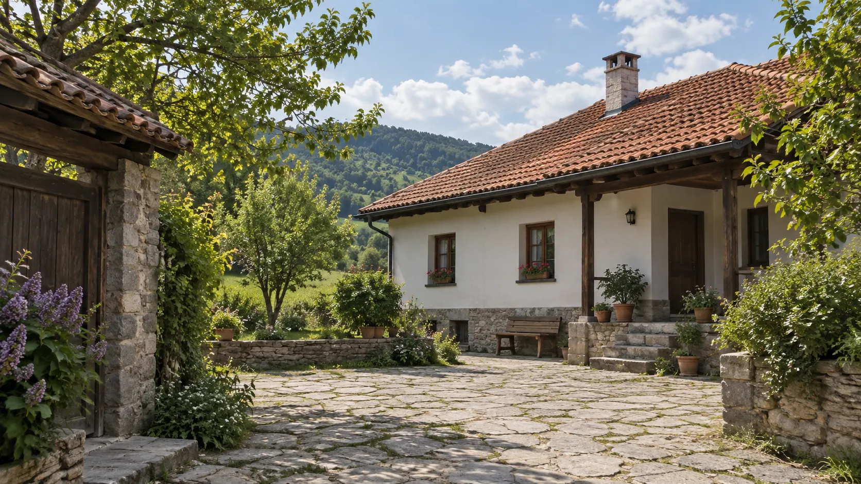 Biely vidiecky dom s tehlovým komínom a dvorom z kameňa v lete