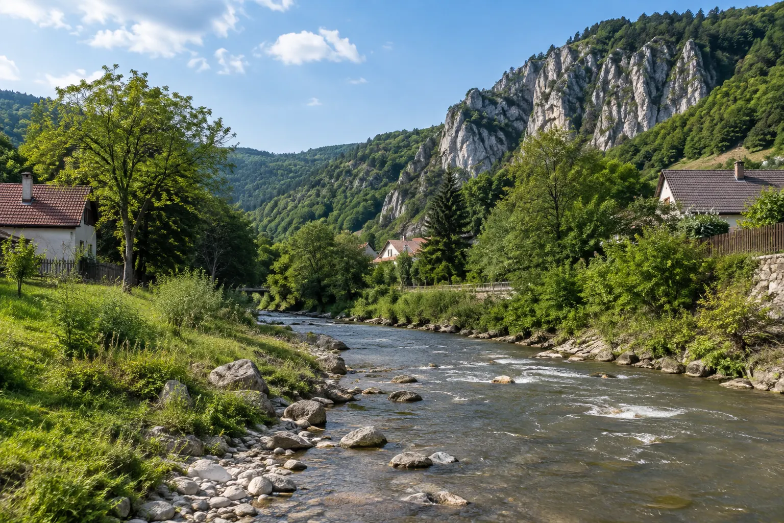 Horská riečka s kameňmi v údolí pod vápencovými bralami, na brehu domy