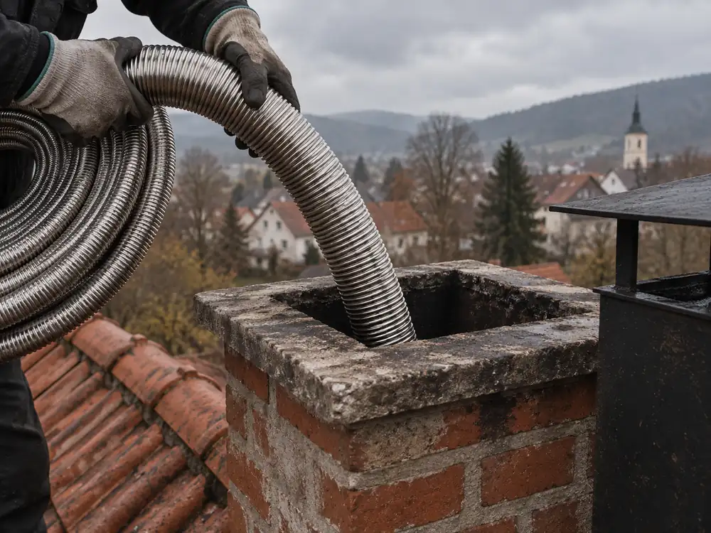 Ruky v rukaviciach spúšťajú ohybnú nerezovú vložku do tehlového komína nad strechami dediny